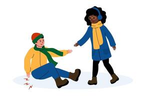Person assists a friend who has fallen on a snowy surface in winter attire vector