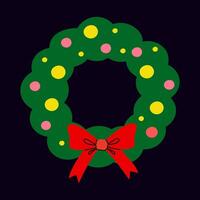 Colorful Christmas wreath with red bow and decorative ornaments on a dark background vector
