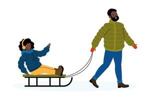 Family fun in winter snow with sledding and joyful laughter at the park vector
