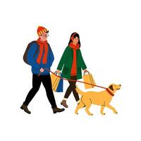 Young couple enjoys a day out walking their dog while carrying shopping bags vector