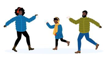 Family enjoying a playful snowball fight in winter attire on a snowy day vector