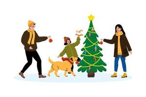 Family decorating a Christmas tree with ornaments and a dog in winter setting vector
