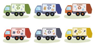 Recycling trucks parked in a line ready for collection of various materials vector