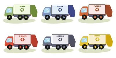Recycling trucks collecting various materials at a community event for waste management vector