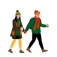 Couple enjoying warm beverages while walking in a chilly urban setting vector