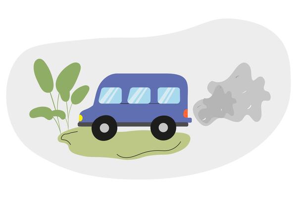 Blue van driving on dirt road with smoke and greenery in background