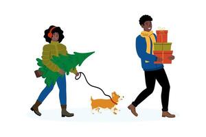 Couple enjoys winter outing while carrying Christmas tree and gifts with their dog vector