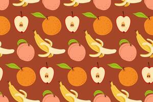 Colorful fruit pattern featuring bananas, apples, oranges, and peaches on a rich background vector