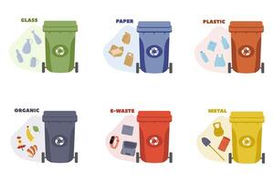 Sorting waste into different recycling bins in a clean, organized environment vector