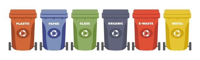 Six recycling bins in various colors are lined up, each labeled for a specific type of waste vector