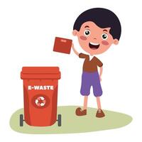 Child happily disposing of e-waste in recycling bin at home vector