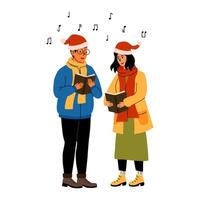 Couple singing holiday carols while wearing festive hats in a joyful atmosphere vector