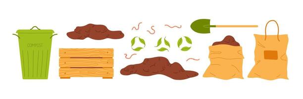Composting materials and tools for effective waste recycling in a local garden setup vector