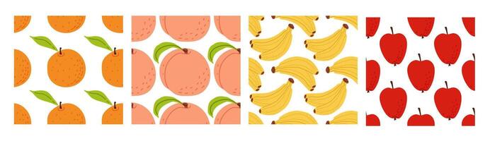 Colorful fruit patterns featuring oranges, peaches, bananas, and red apples on a white background vector