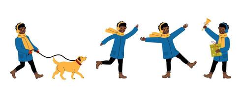 Person enjoying winter activities with a dog while celebrating the holiday season vector