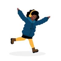 Girl enjoying music while dancing in a winter outfit with a joyful expression vector