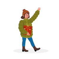 Smiling person waves while holding a gift in winter attire during the holiday season vector