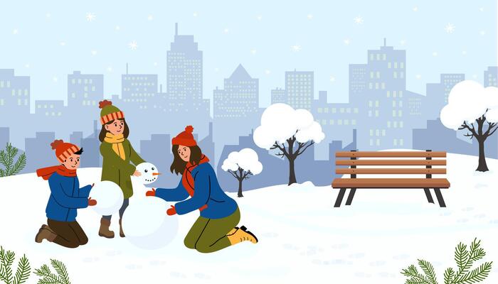 Kids enjoy building a snowman in a winter park amidst a city skyline