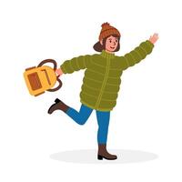 Cheerful young person walking with a backpack in a warm jacket during a sunny day vector