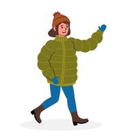 Person walking in a warm jacket and hat during a winter day vector