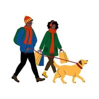 Couple enjoys a winter walk while shopping with their dog in a festive atmosphere vector