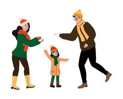Family playing in snow during winter in a festive mood with warm clothing and joy vector