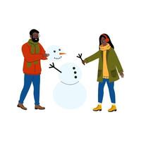 Building a snowman with friends during winter fun in a snowy landscape vector
