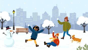 Fun winter day in the park with friends playing in the snow and building a snowman vector