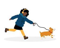 Young girl joyfully walking a corgi on a leash in winter attire during a sunny day vector