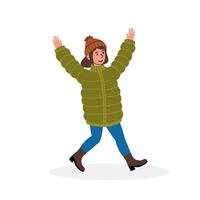 Person enjoying a cheerful walk in winter attire with arms raised in excitement vector
