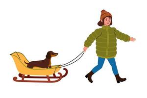 Person walks a dog in a sled during winter in a cozy setting with snow vector