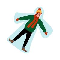 Boy making a snow angel while wearing a winter jacket and hat in a snowy landscape vector