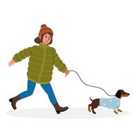 Enjoying a winter walk with a dachshund in a cozy sweater and puffer jacket vector