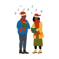 People singing holiday songs while wearing Christmas hats and scarves in a winter setting vector