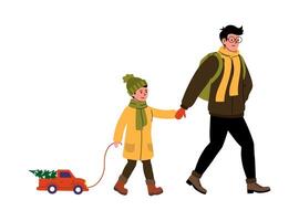 Father and child enjoying a winter walk while pulling a toy truck with a Christmas tree vector