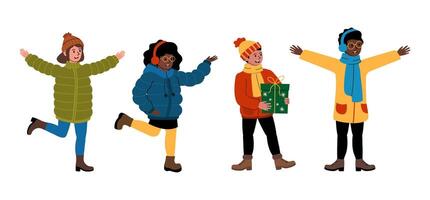 People dressed warmly enjoying a winter day with festive spirit vector