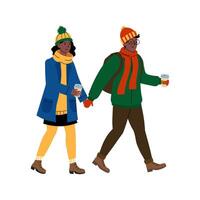 Walking hand in hand on a chilly day while enjoying warm drinks in winter attire vector