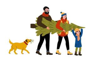 Family enjoys a festive outing while carrying a Christmas tree with their dog vector
