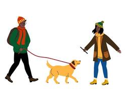 Couple enjoys walking their dog in a park during a sunny day in autumn vector