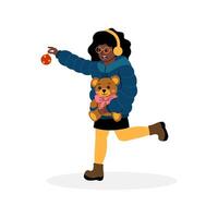 Girl playing joyfully with a teddy bear and ornament in winter attire vector