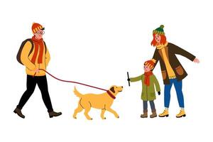 Family enjoys a walk with their dog on a cool day in a park setting vector