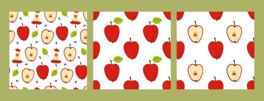 Colorful apple patterns featuring sliced and whole apples on a light background vector