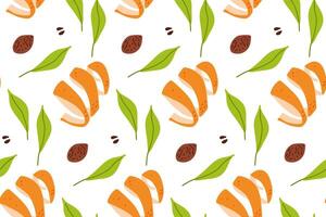 Colorful pattern featuring sliced citrus fruits, leaves, and nuts on a white background vector