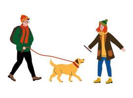 People enjoying a walk with a dog in a park on a chilly day vector