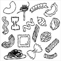 set of illustrations with different types of pasta with doodles or handmade style, line art for backgrounds vector