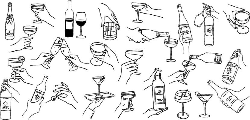 Chalk hand drawn wine illustrations. Icons of wine or champagne glasses, cocktails, bottles, hands holding glasses, hands toasting, drinking, doodle or sketch style.