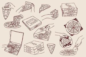 Pizzeria or pizza illustrations, doodles of hands with pizza, pizza boxes and pizza slice in hand drawn line art style vector
