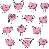 Set of brain character illustrations in doodle style vector