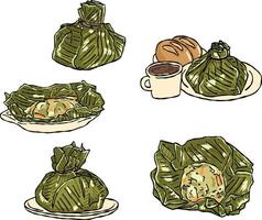Set of illustrations of tamal tolimense, typical food of Colombia. Colombian tamale vector