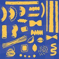 set of illustrations with doodle or handmade style of pasta of different types, Italian pasta vector